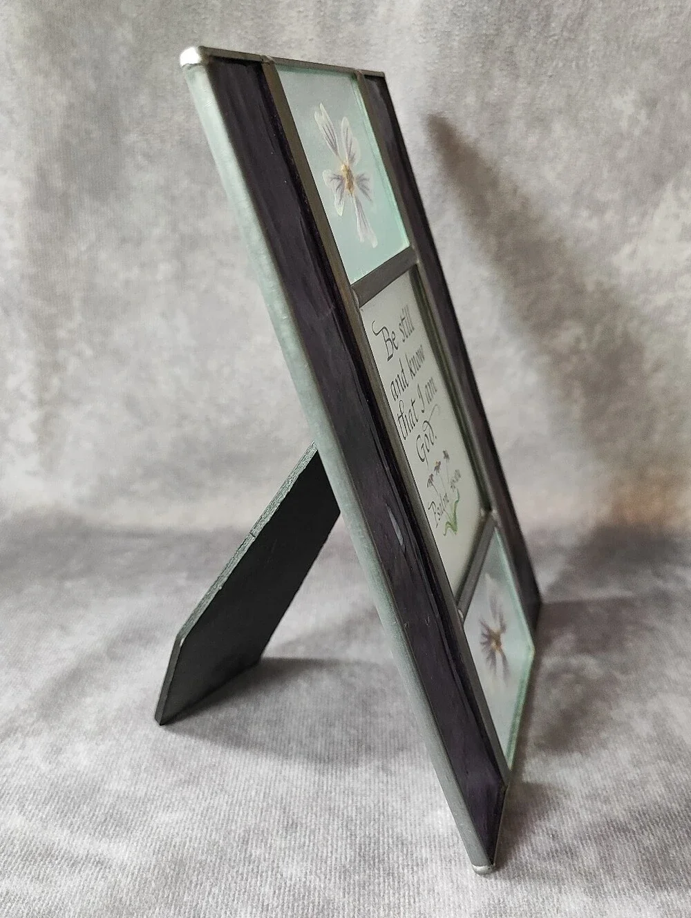 Purple Stained & Clear Leaded Glass Dried Flowers Picture Frame Psalm 46:10 EUC